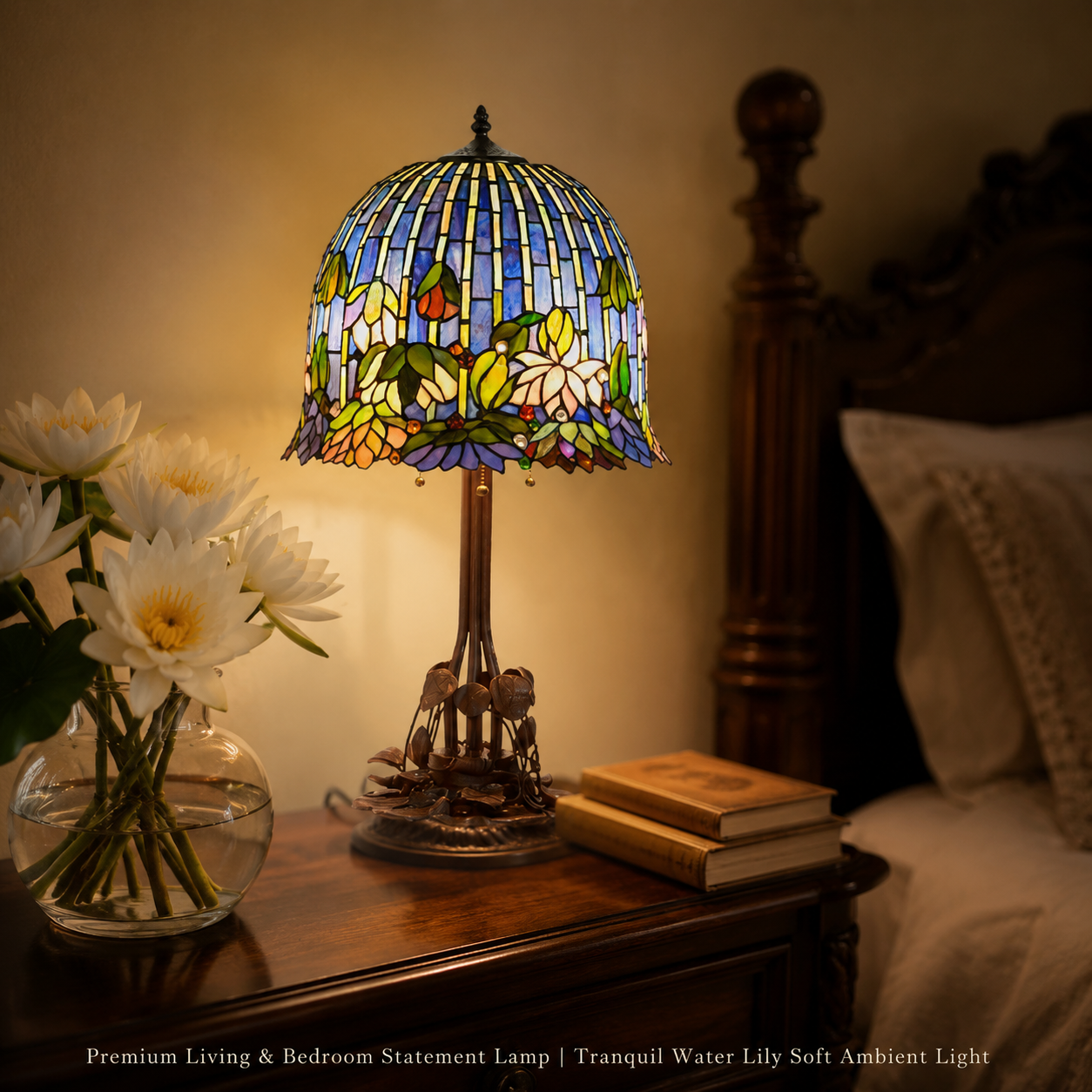 Vintage Tiffany bedside lamp with water lily stained glass shade creating warm ambient light beside a classic bedroom