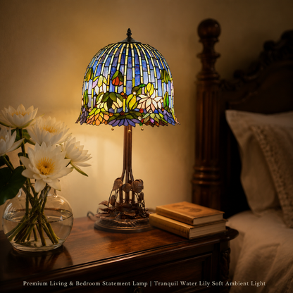Vintage Tiffany bedside lamp with water lily stained glass shade creating warm ambient light beside a classic bedroom