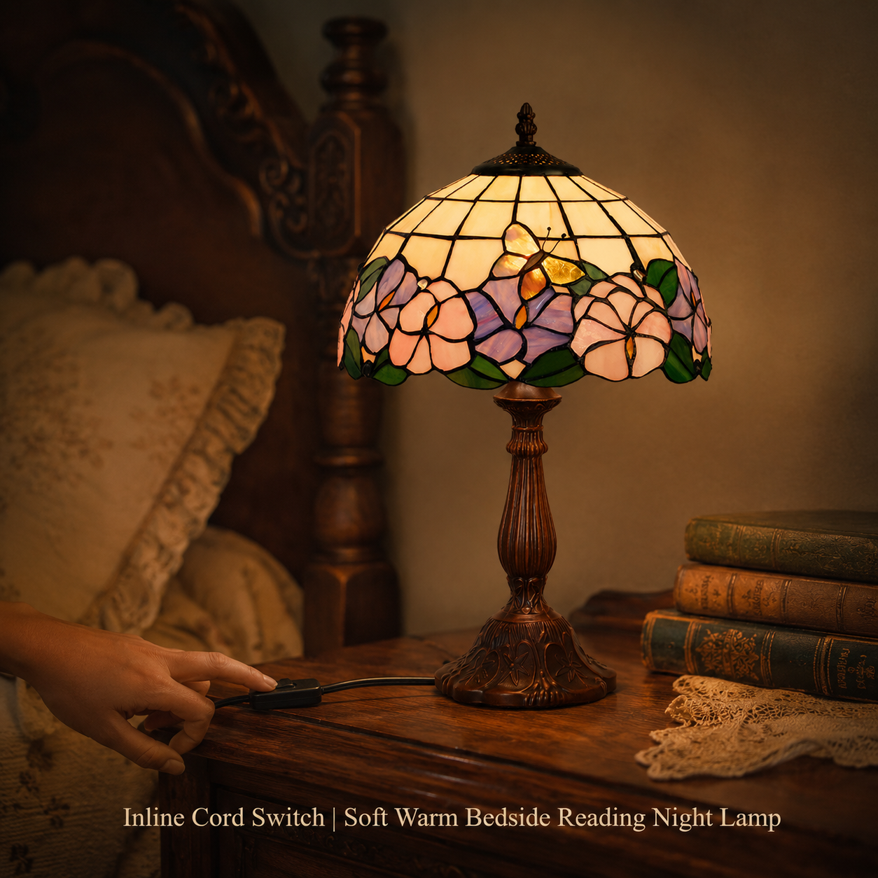 Vintage Tiffany bedside reading lamp with inline switch providing soft warm light for bedroom nightstand