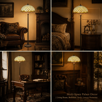 Vintage Tiffany floor lamp used in living room bedroom and study spaces with warm decorative lighting