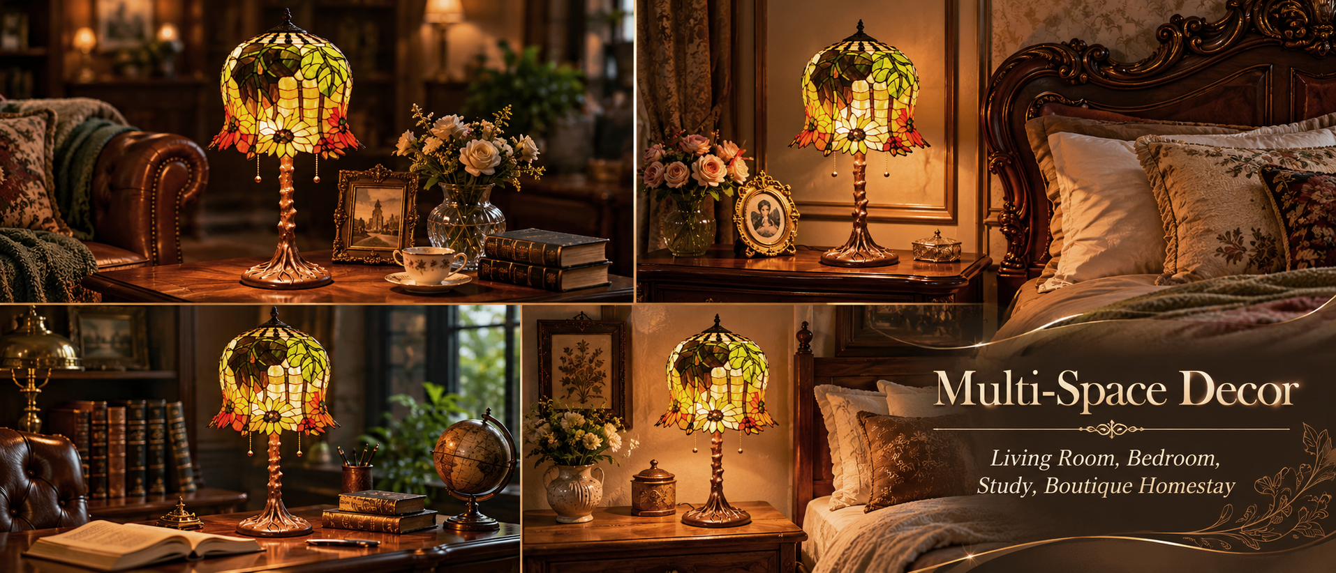 Vintage Tiffany lamp used for bedroom, study and living room decoration with elegant traditional interior style