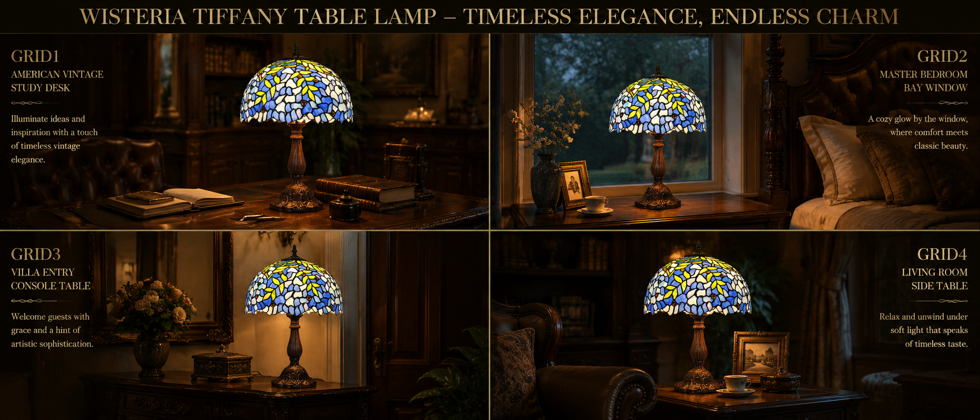 Vintage Tiffany lamp used as bedroom bedside lighting, study desk lamp, entryway decor and living room accent lighting