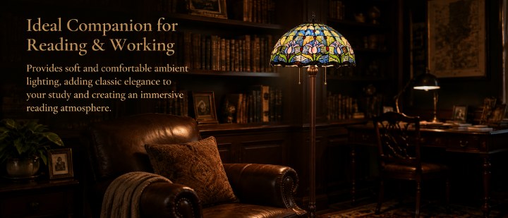 Vintage Tiffany reading room floor lamp providing soft ambient lighting beside a classic leather chair and bookshelf