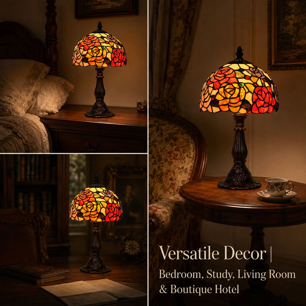 Vintage Tiffany Rose Lamp displayed in bedroom, study and living room spaces as elegant floral home decor lighting