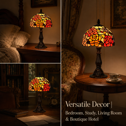 Vintage Tiffany Rose Lamp displayed in bedroom, study and living room spaces as elegant floral home decor lighting