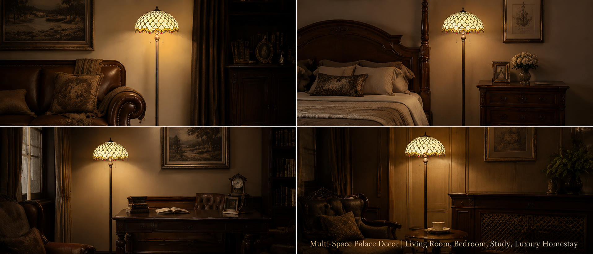 Vintage Tiffany standing lamp displayed in bedroom, study and living room interiors for classic home decoration