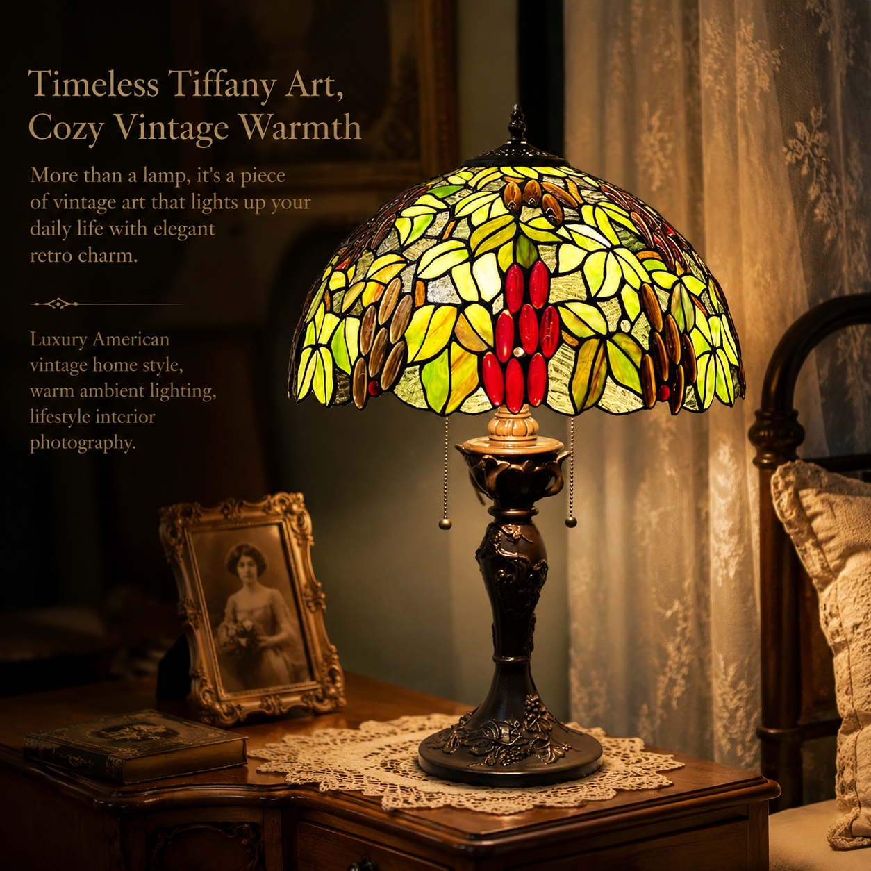 Vintage Tiffany table lamp creating warm ambient lighting beside a classic bedroom interior
