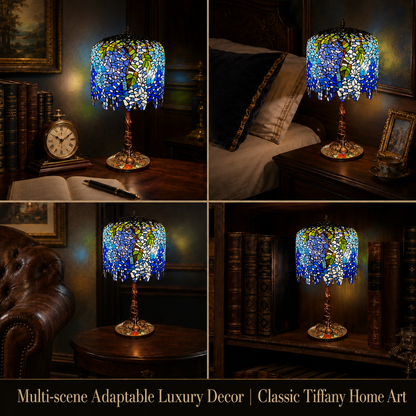 Vintage Tiffany table lamp used as bedside lighting and decorative accent lamp in bedroom and living room spaces