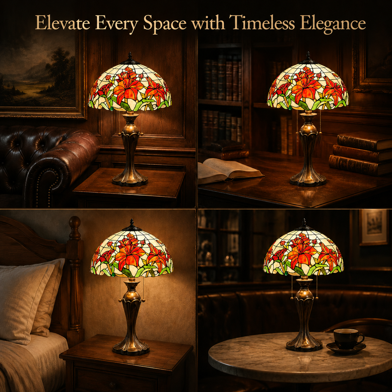 Vintage Tiffany table lamp displayed in bedroom living room and study spaces for elegant home decor inspiration