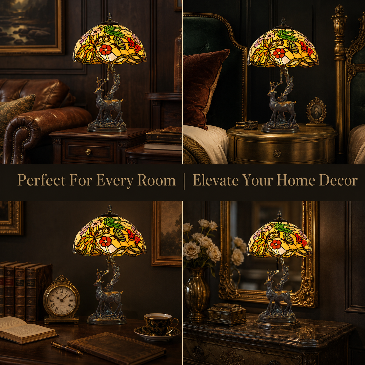 Vintage Tiffany table lamp with butterfly stained glass shade displayed in an elegant living room interior