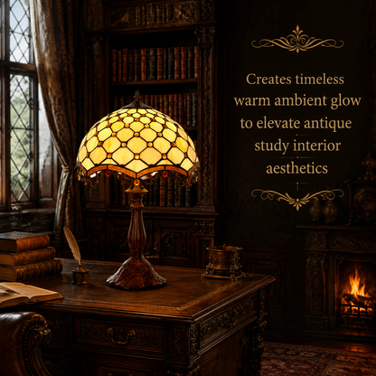 Vintage Tiffany table lamp placed in an antique study room with warm lighting for elegant reading and home decoration