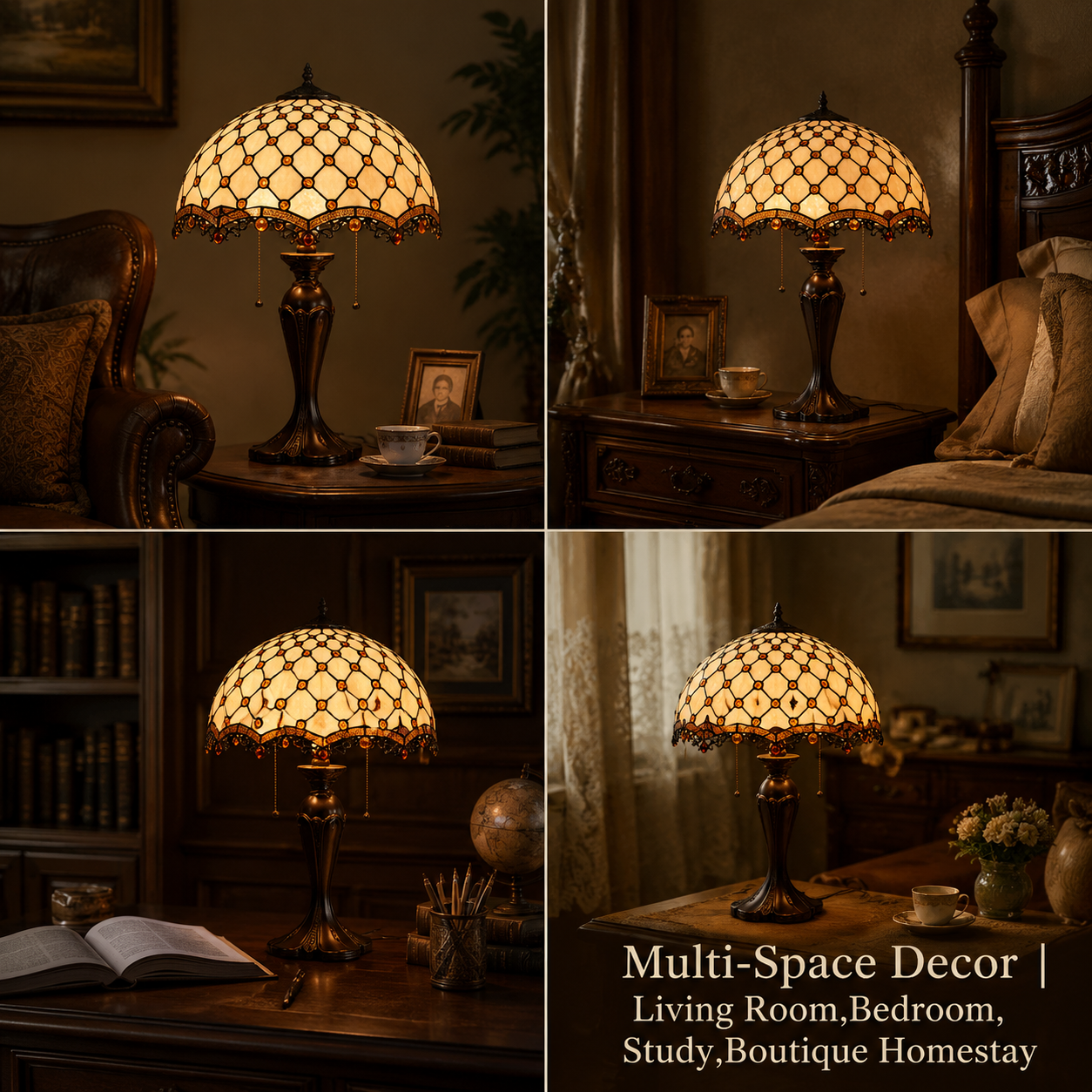 Vintage Tiffany table lamp displayed in bedroom living room study and classic home interiors
