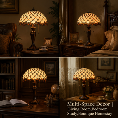 Vintage Tiffany table lamp displayed in bedroom living room study and classic home interiors