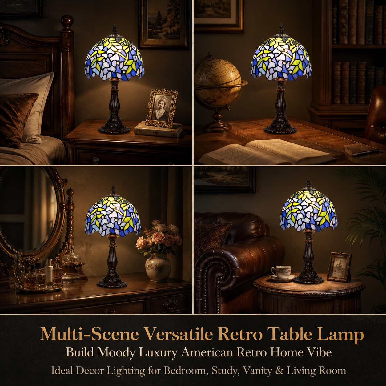 Vintage wisteria table lamp shown as decorative lighting for bedroom, study, vanity and living room spaces