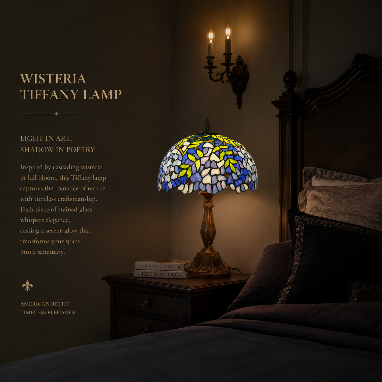 Vintage Wisteria Tiffany bedside lamp placed on bedroom nightstand creating warm ambient lighting and elegant classic atmosphere