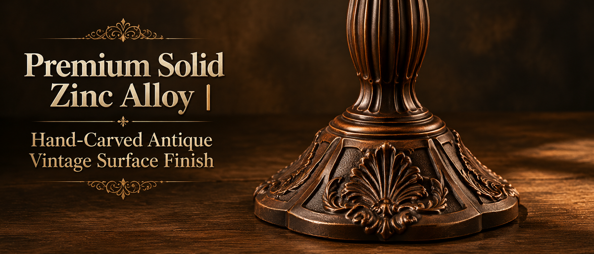 Close up view of vintage zinc alloy base with antique carved details on a premium Tiffany style table lamp