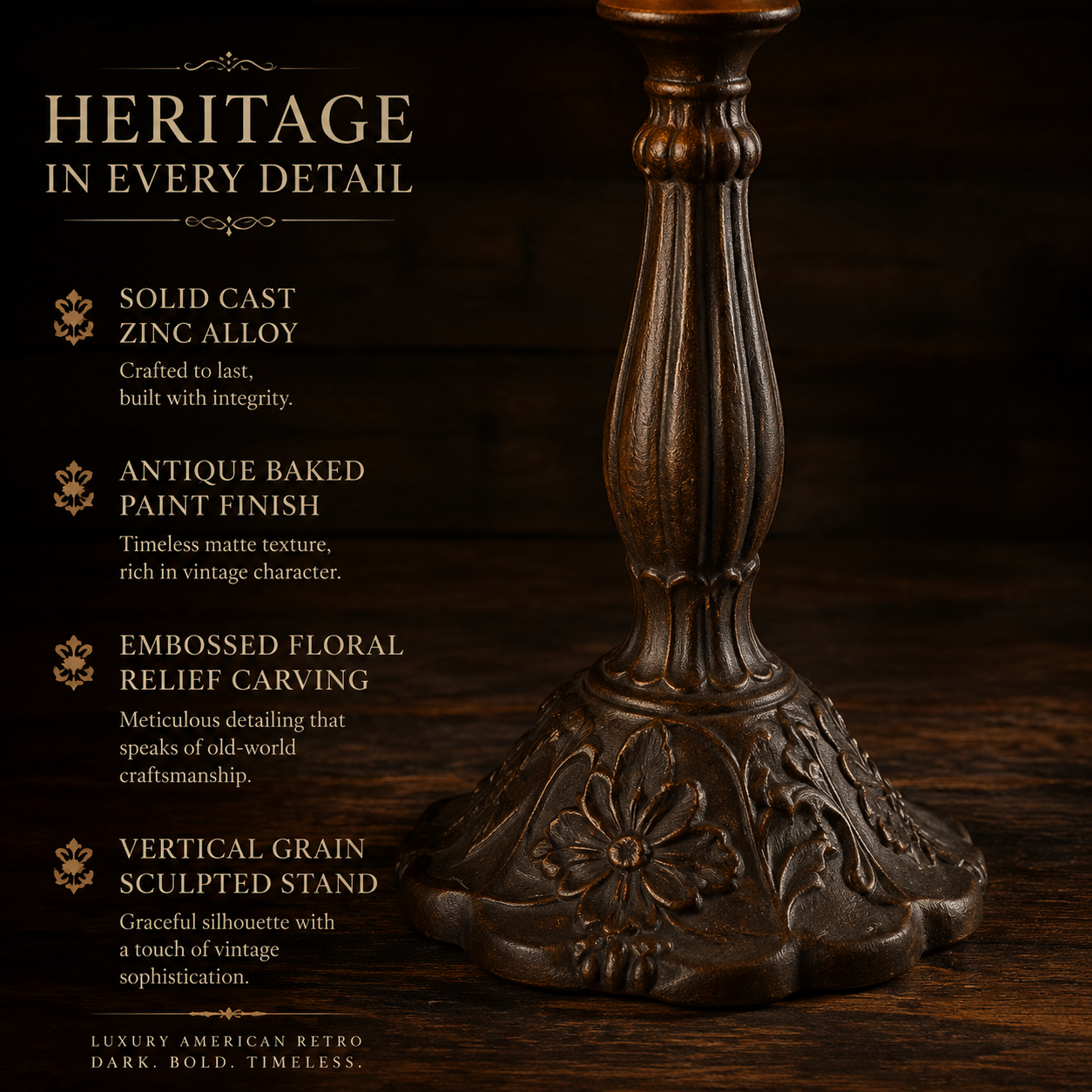 Vintage zinc alloy base of Tiffany table lamp with antique embossed floral details and classic retro design