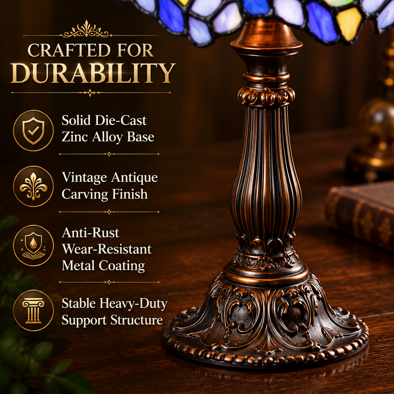 Vintage zinc alloy base of Tiffany style wisteria table lamp with ornate antique carving and stable decorative structure