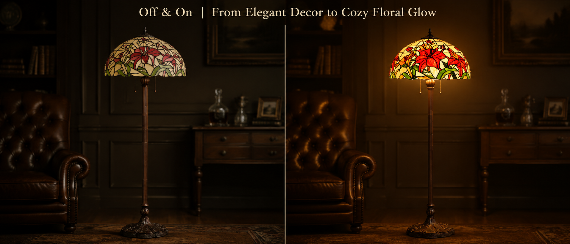 Warm ambient glow comparison showing Tiffany style home lighting before and after illumination