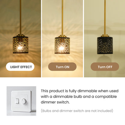 Warm ambient lighting from a gold metal drum pendant light
