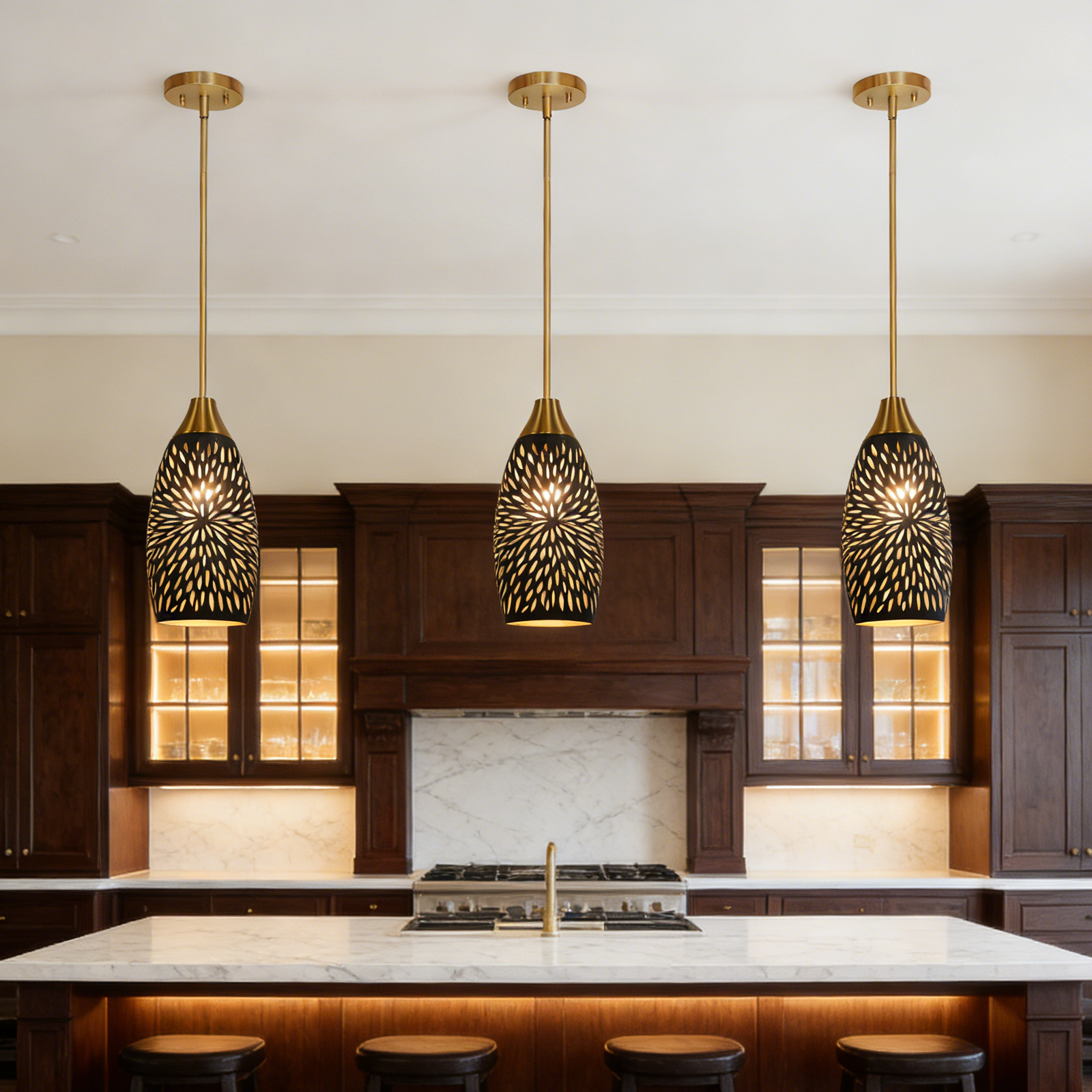 gold metal pendant light creating warm elegant ambient lighting atmosphere interior