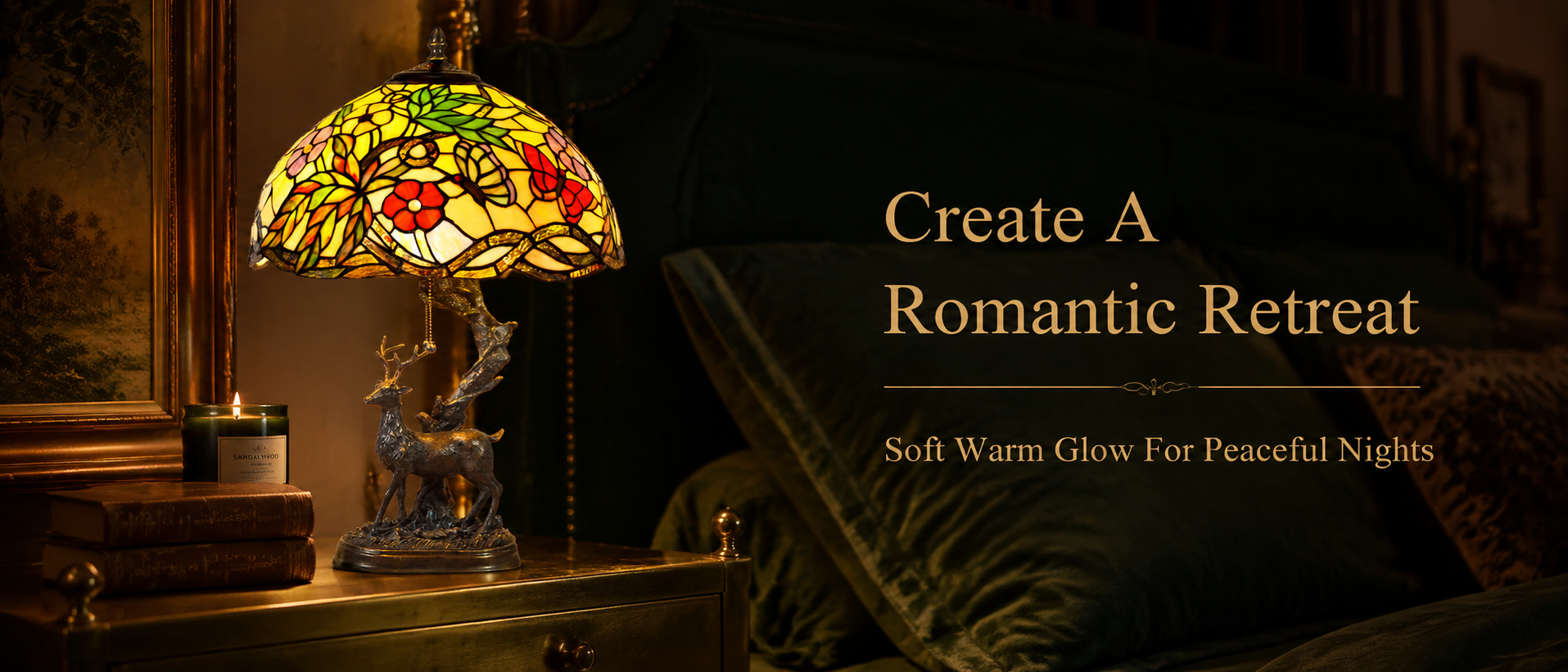 Warm glowing stained glass bedside lamp creating a cozy and romantic atmosphere in an elegant bedroom