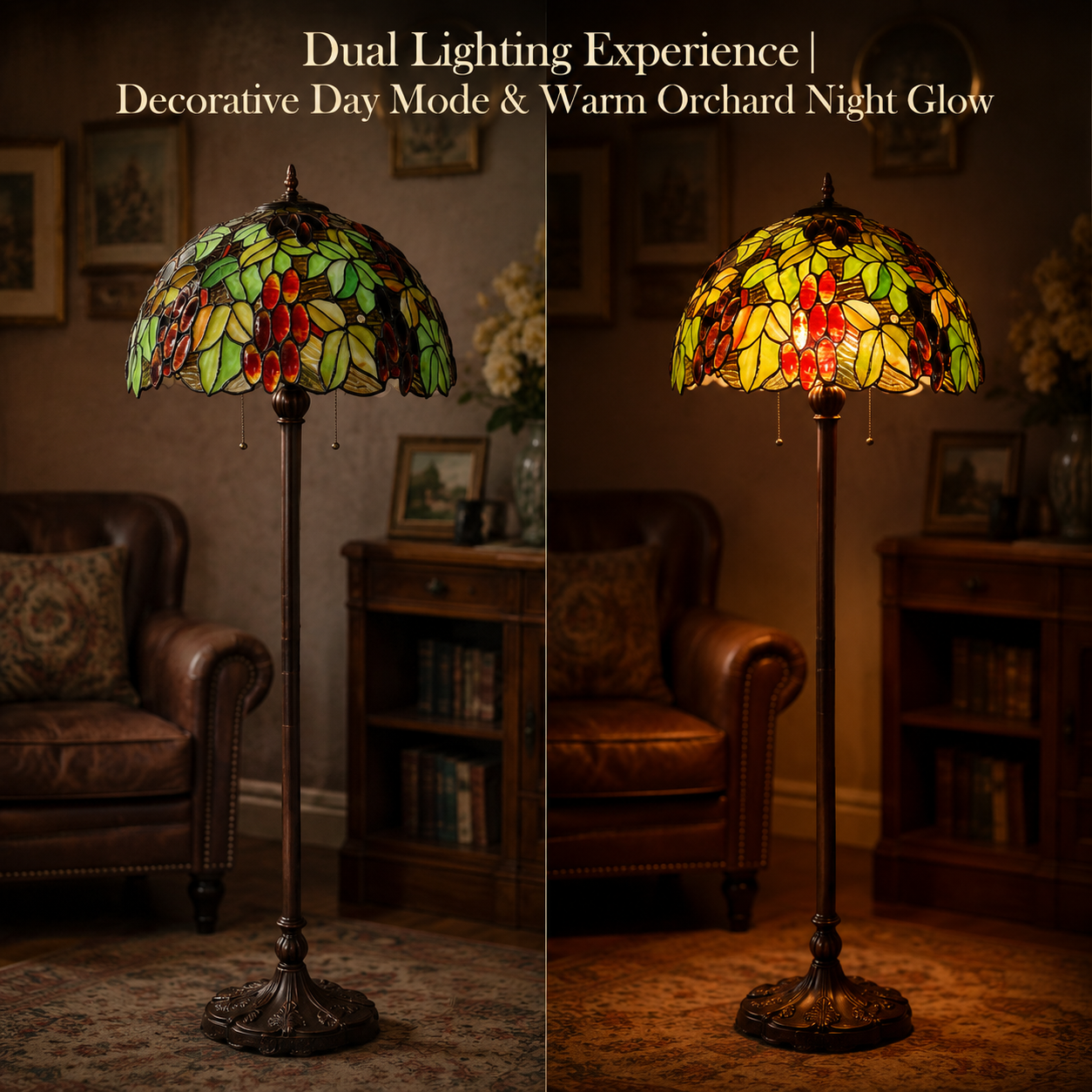 Warm glow botanical Tiffany floor lamp showing stained glass illumination effect in vintage interior