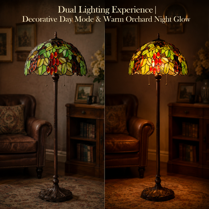 Warm glow botanical Tiffany floor lamp showing stained glass illumination effect in vintage interior
