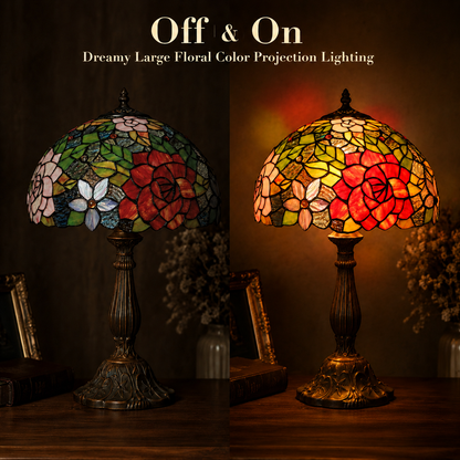 Warm glowing rose Tiffany stained glass lamp creating elegant ambient lighting for bedroom decor