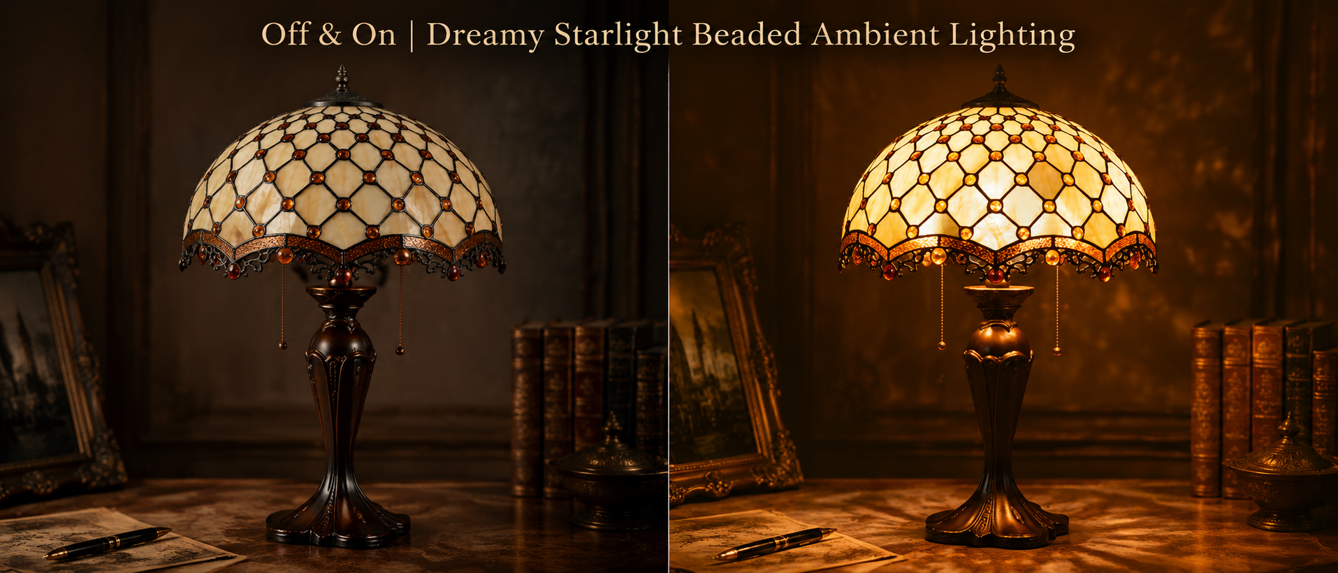 Warm glow comparison showing stained glass lamp illumination effect before and after lighting