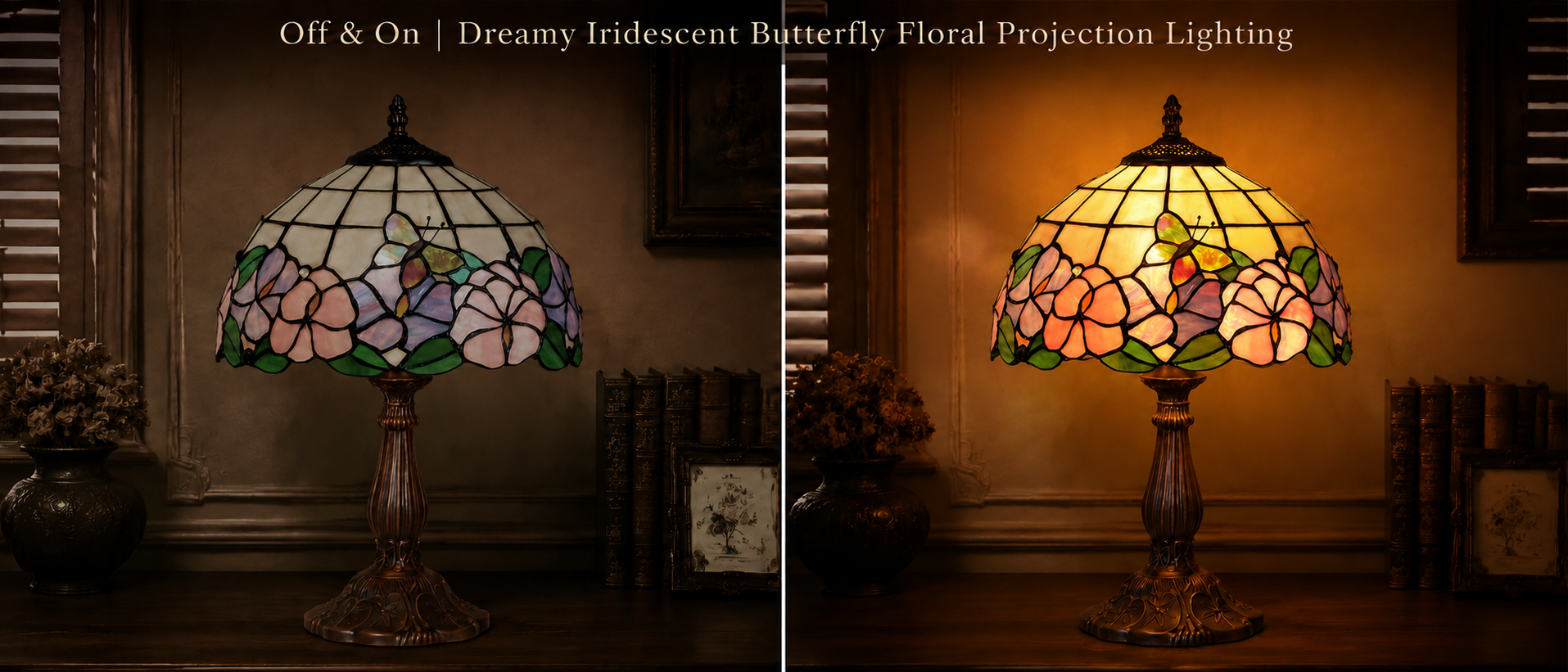 Warm glow stained glass lamp showing the transformation from ambient decor lighting to illuminated artwork