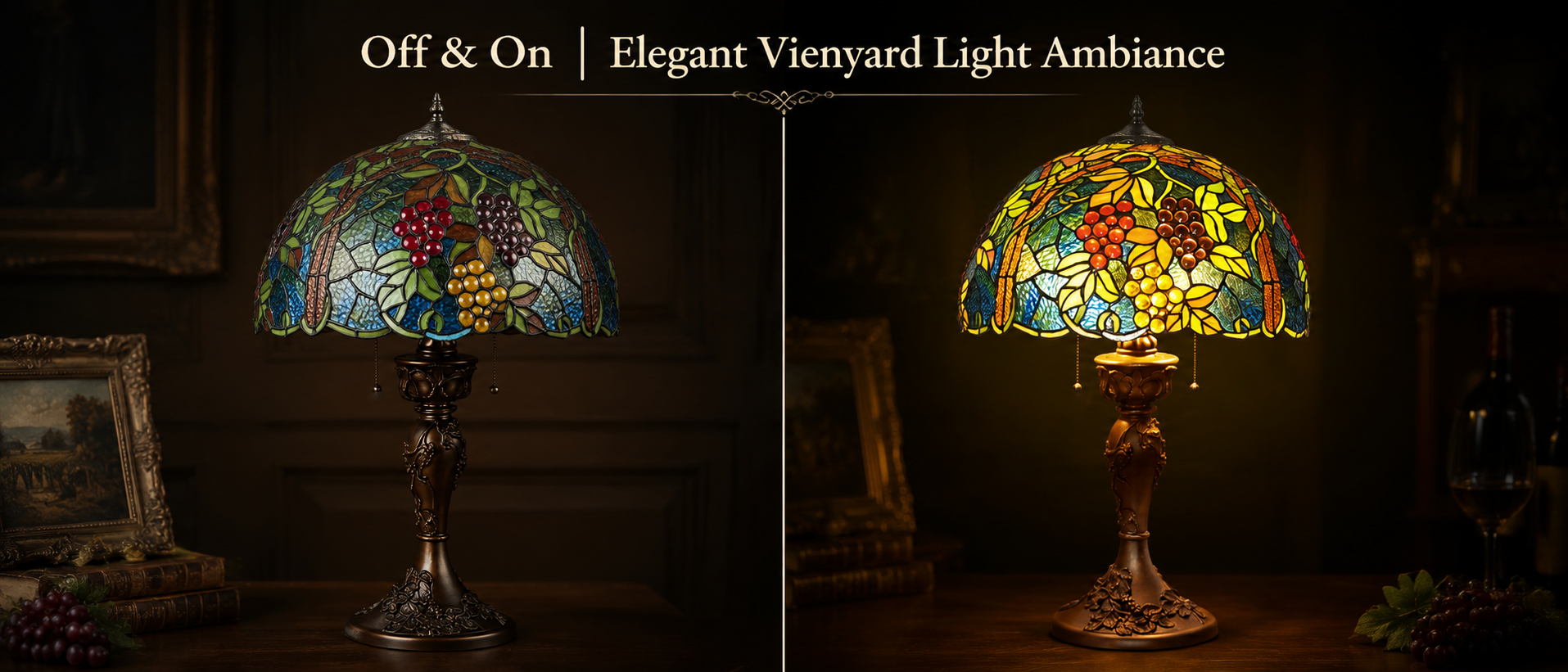 Warm glow comparison showing stained glass lamp illuminated and unlit with vintage lighting effect