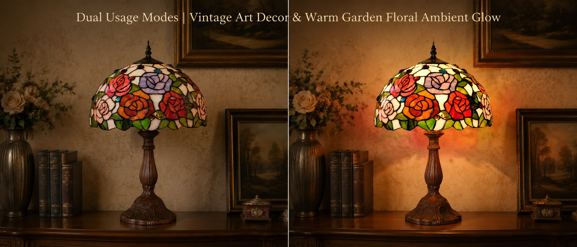 Stained glass night lamp showing soft warm illumination and decorative lighting effect in indoor spaces