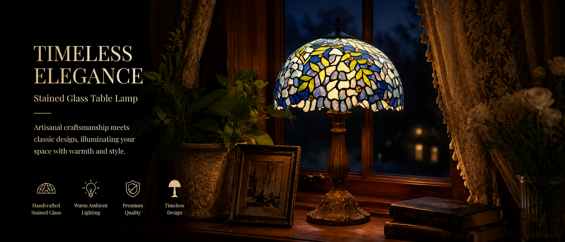Warm glow stained glass table lamp beside a window creating elegant evening atmosphere with timeless home decor style