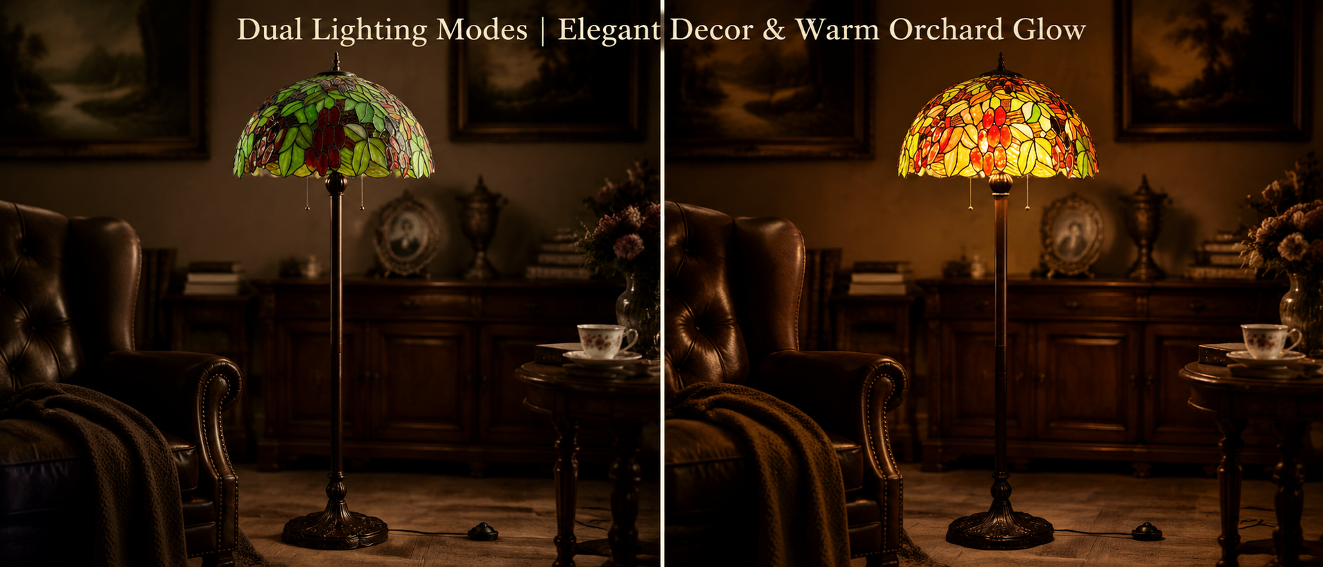 Warm glow Tiffany lighting showing decorative daytime appearance and evening ambiance in a classic home interior