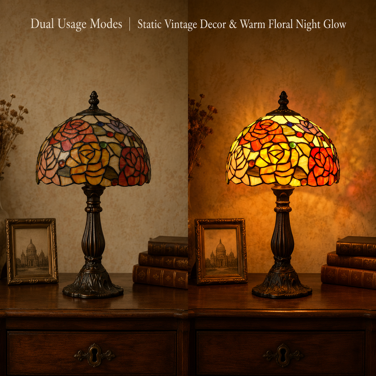 Tiffany Rose Lamp glowing warmly as a bedroom night light creating a cozy vintage atmosphere on a bedside table