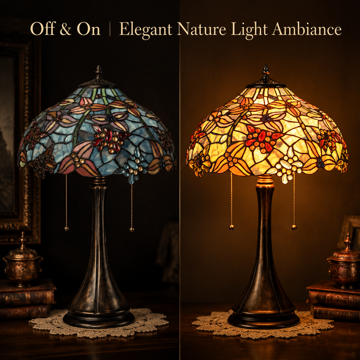 Tiffany stained glass table lamp showing warm ambient lighting effect from unlit to illuminated mode