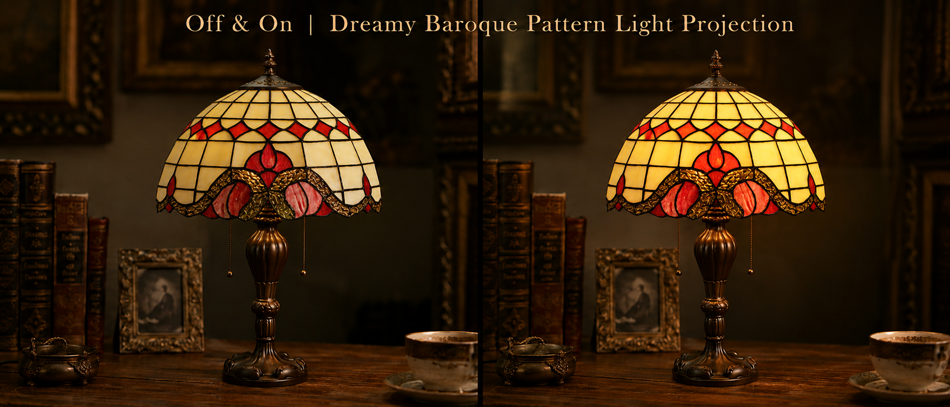 Tiffany style table lamp showing warm glow illumination with decorative stained glass light effects