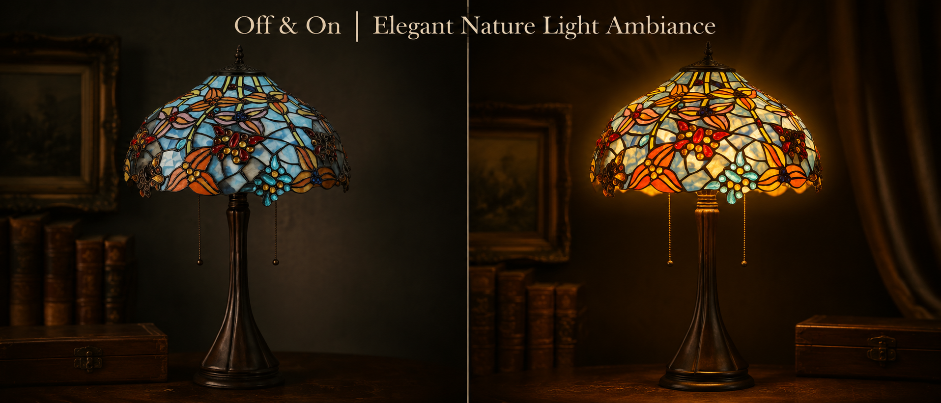 Warm glowing stained glass lamp showing the transformation from ambient decor piece to illuminated artwork