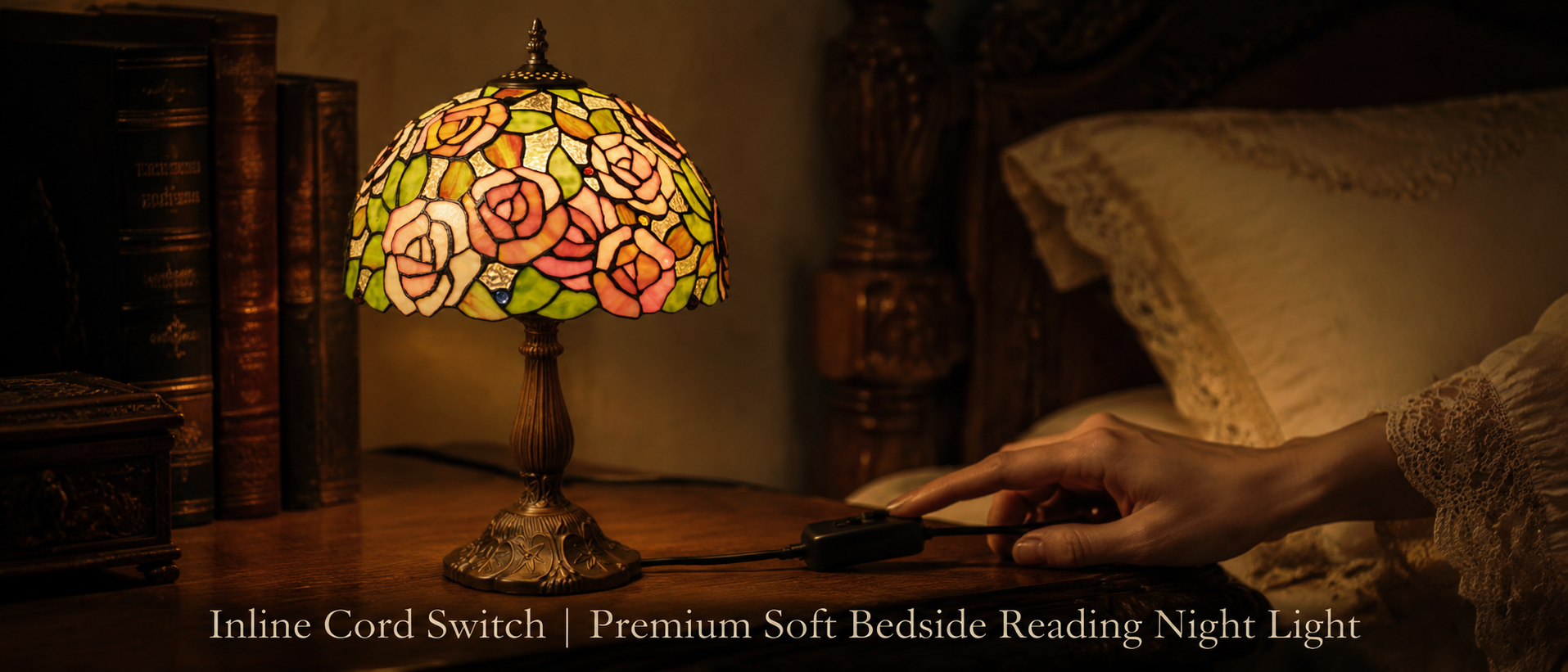 Warm reading bedside light with inline cord switch providing comfortable illumination for nighttime reading and relaxing bedroom moments