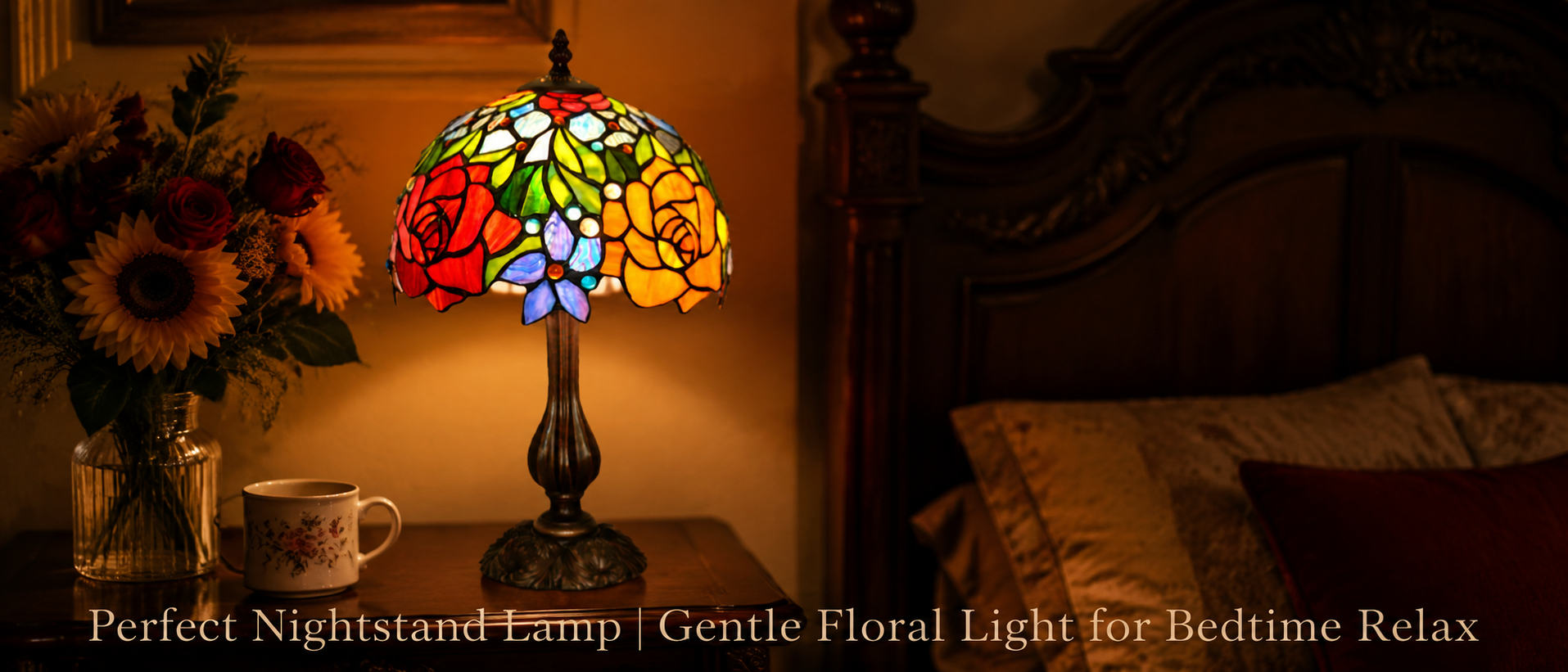 Vintage floral nightstand lamp casting warm light beside the bed with red and golden rose stained glass for evening relaxation