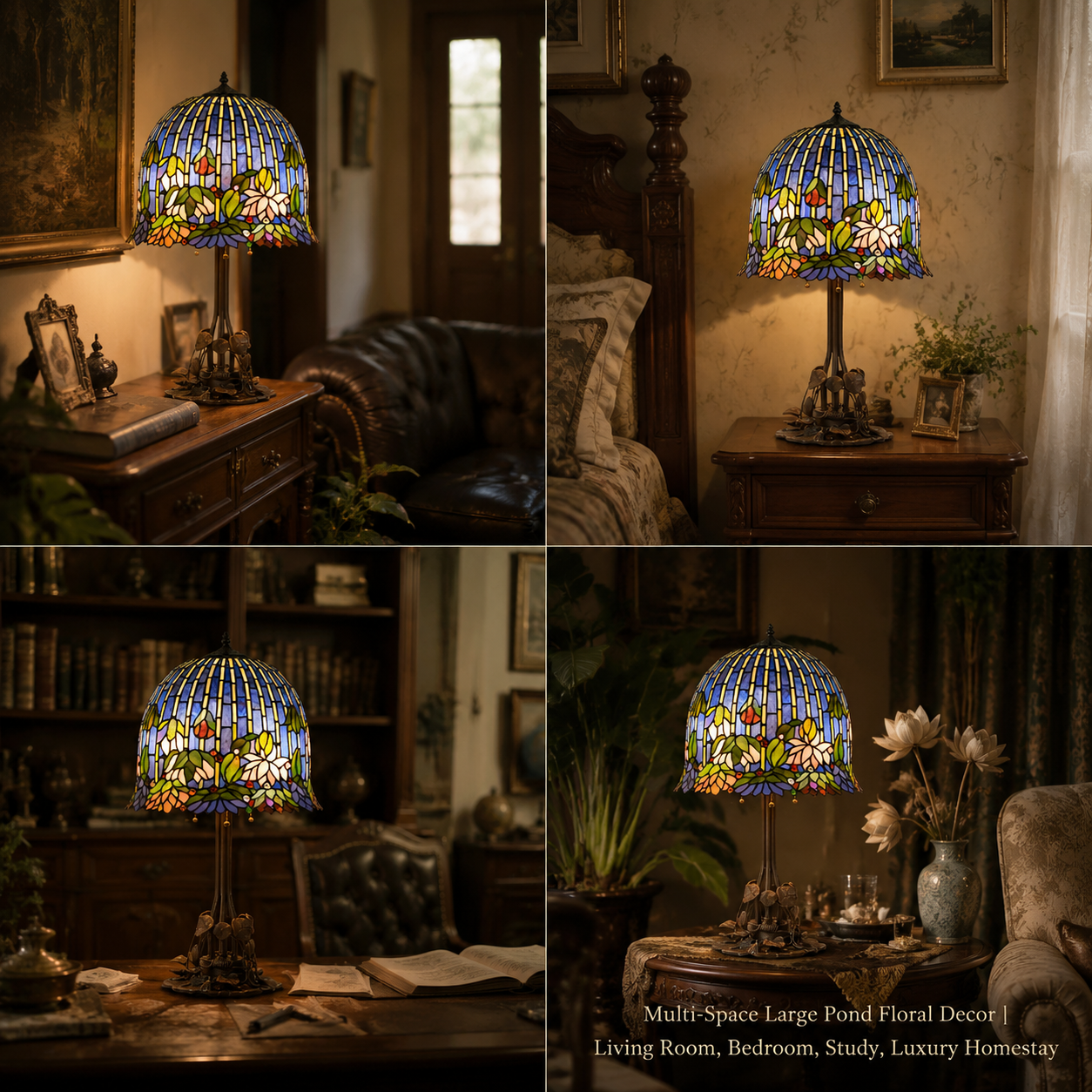Water Lily Tiffany bedside lamp used as decorative lighting in bedroom, living room, and home office spaces