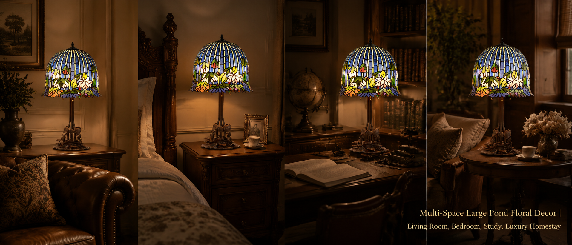 Water lily Tiffany bedside lamp used as decorative lighting in bedroom, reading room and classic home office spaces