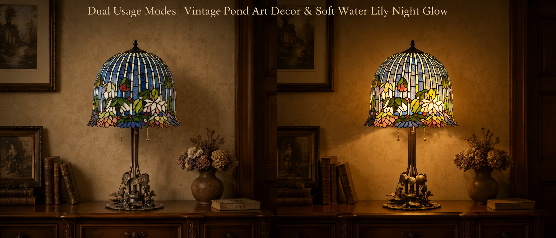 Water lily Tiffany lamp showing stained glass colors before and after illumination with warm ambient bedroom lighting