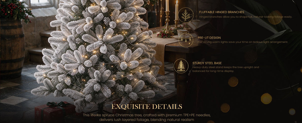Close-up of a white flocked artificial Christmas tree with dense snowy branches, warm pre-installed LED lights, hinged branch construction, and a sturdy steel base.