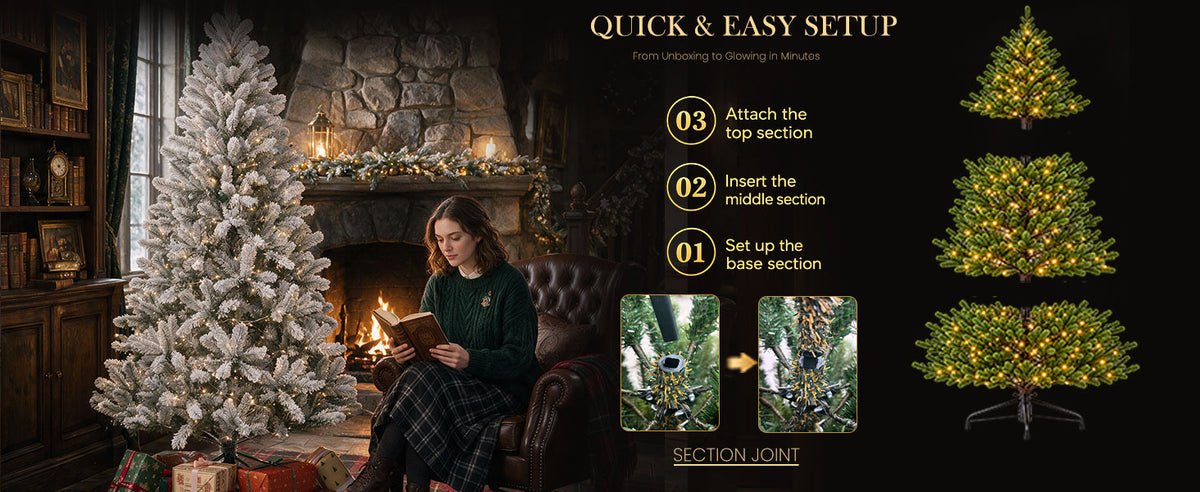 White flocked pre-lit Christmas tree setup guide illustrating three assembly sections, branch connections, and a metal support stand for quick holiday decorating.