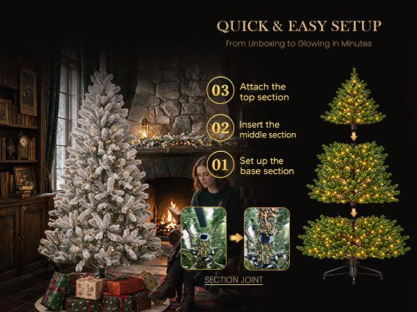 White flocked pre-lit Christmas tree assembly guide showing the three tree sections, branch connection joint, and metal stand for easy setup.