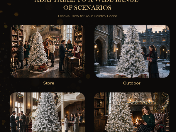 White flocked pre-lit Christmas tree decorated with warm lights and holiday gifts, displayed in a festive store, snowy outdoor courtyard, company lobby, and living room.