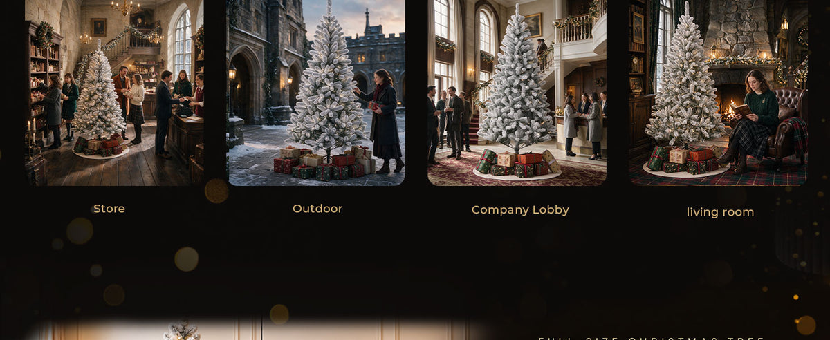 White flocked pre-lit Christmas tree with warm lights and wrapped gifts displayed in a holiday store, snowy outdoor courtyard, company lobby, and living room.