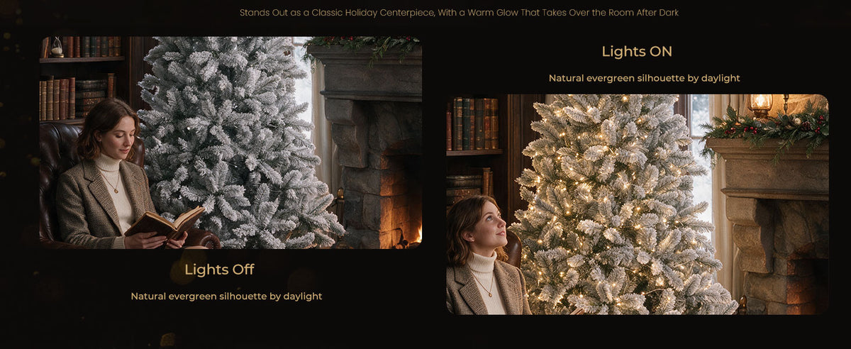 Side-by-side comparison of a white flocked Christmas tree with lights off and warm pre-installed LED lights on, showing its snowy branches in a cozy living room.